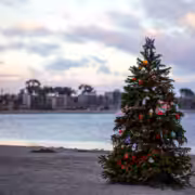 A Christmas tree on the beach in celebration of the holidays in San Diego