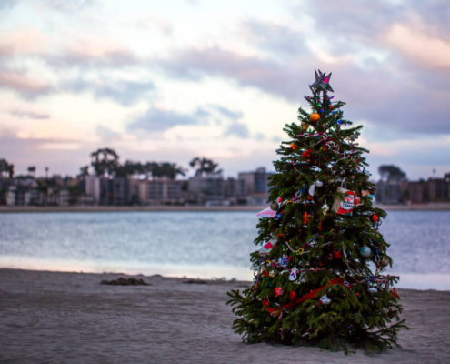 A Christmas tree on the beach in celebration of the holidays in San Diego