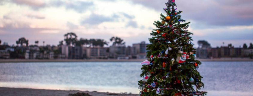 A Christmas tree on the beach in celebration of the holidays in San Diego