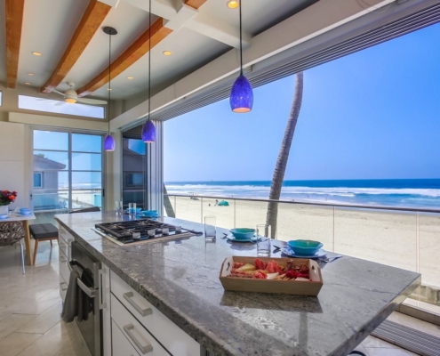 The view of the beach from the kitchen of a house rental in San Diego