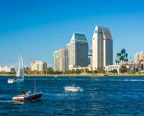Boating in San Diego with the skyline in the background