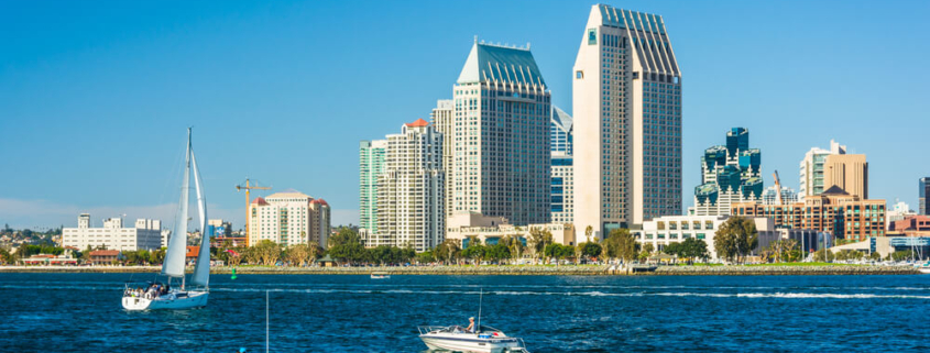Boating in San Diego with the skyline in the background