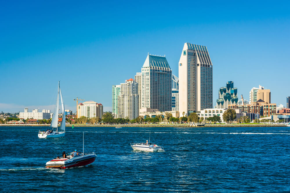 Boating in San Diego with the skyline in the background