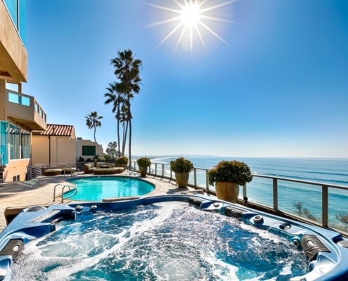 Ocean view from a San Diego vacation rental with private pool and hot tub on a sunny day