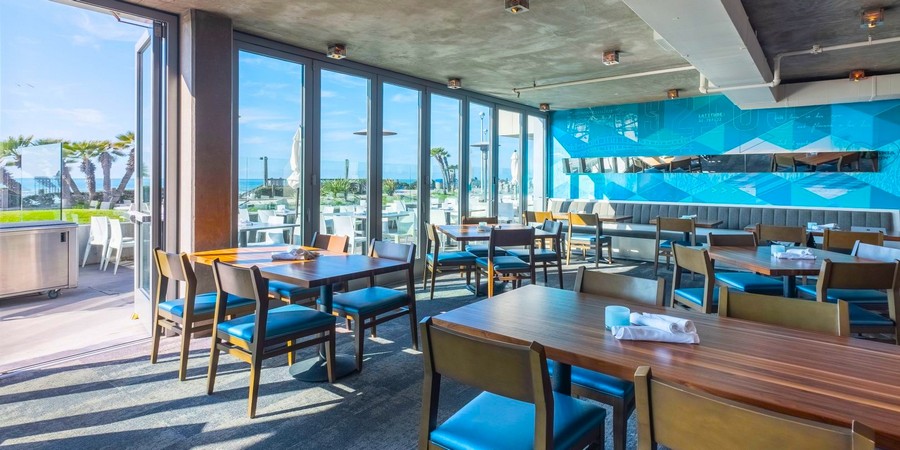 Ocean-view dining room at JRDN restaurant at Tower23 Hotel in Pacific Beach, San Diego, near Bluewater Vacation Homes rentals